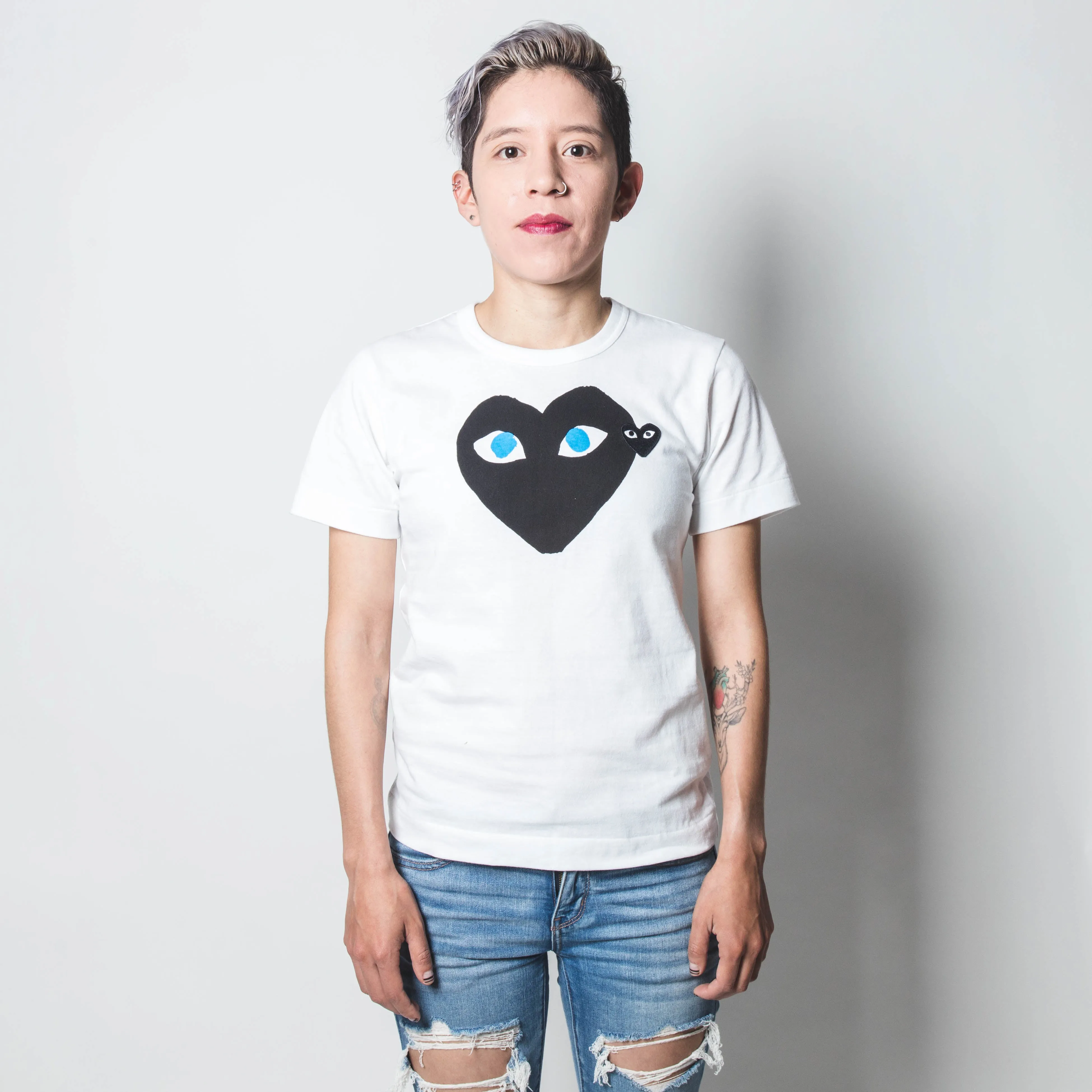 CDG PLAY Blue Eyes Black Heart Tee White