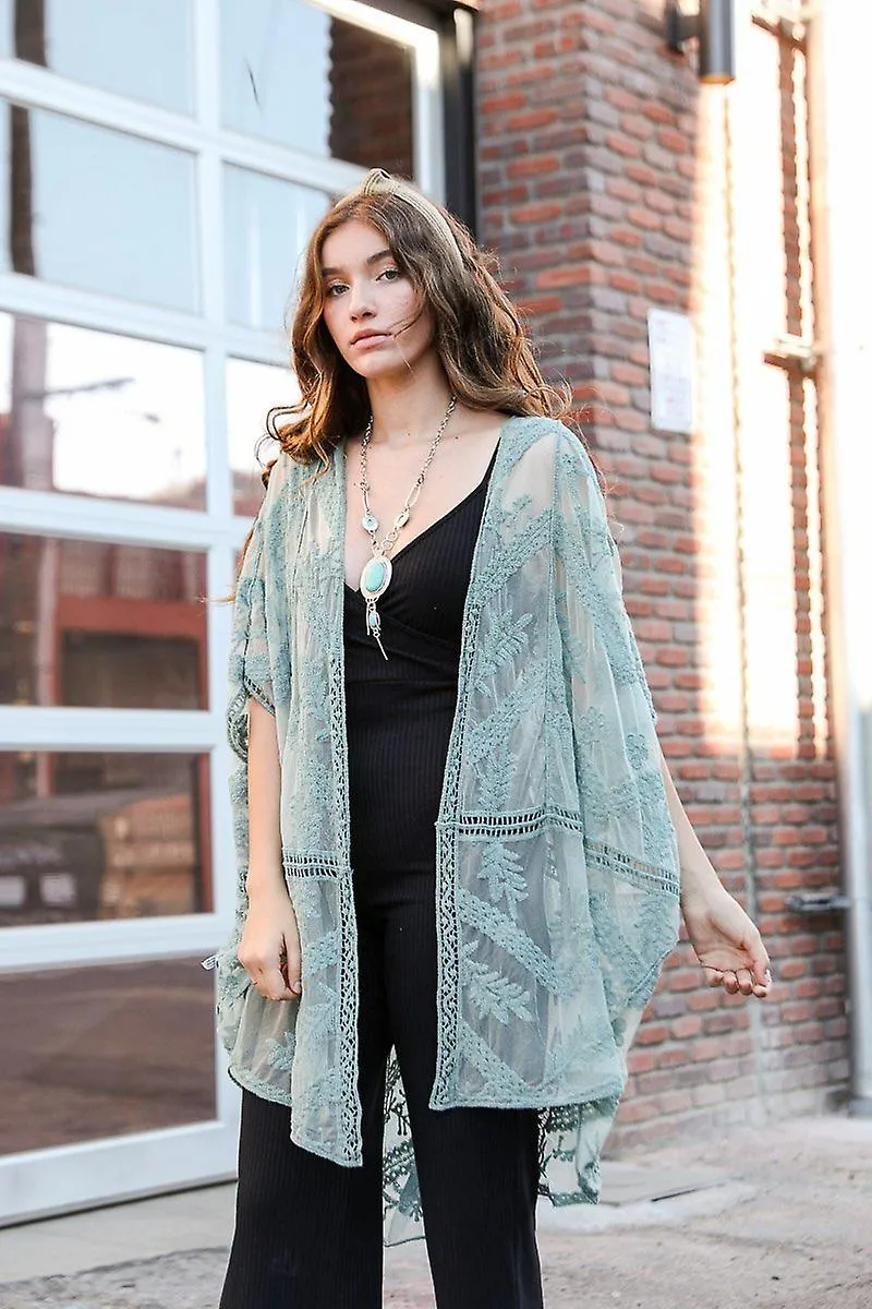 Embroidered mesh leaf kimono7310