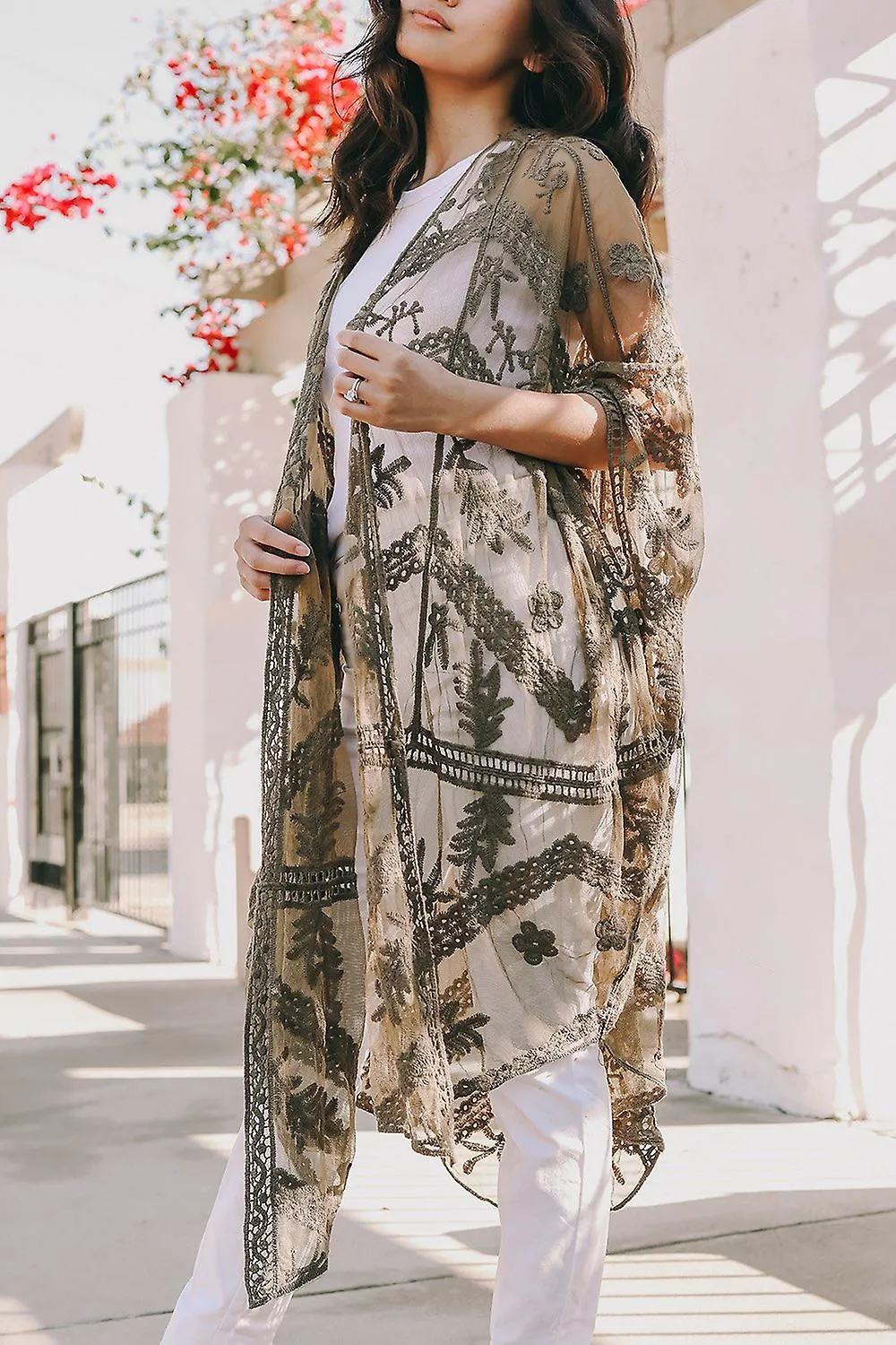 Embroidered mesh leaf kimono7310
