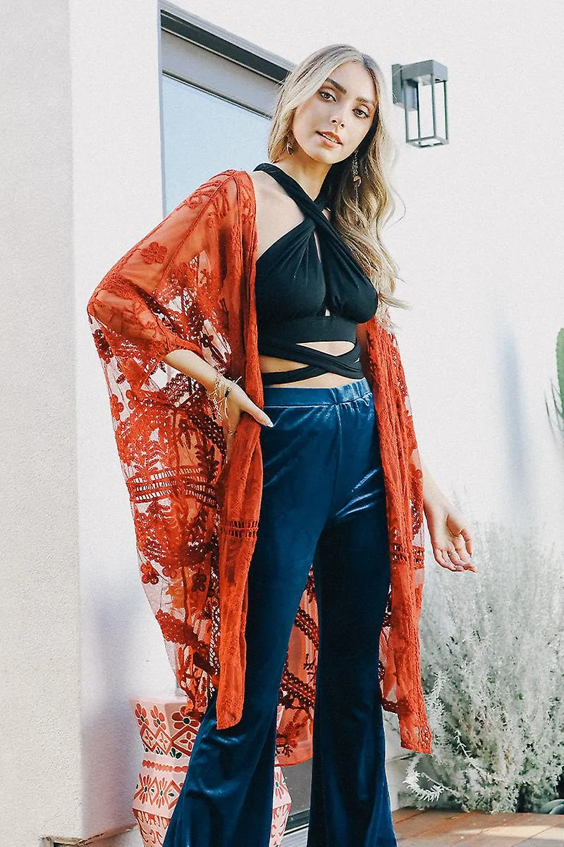 Embroidered mesh leaf kimono7310
