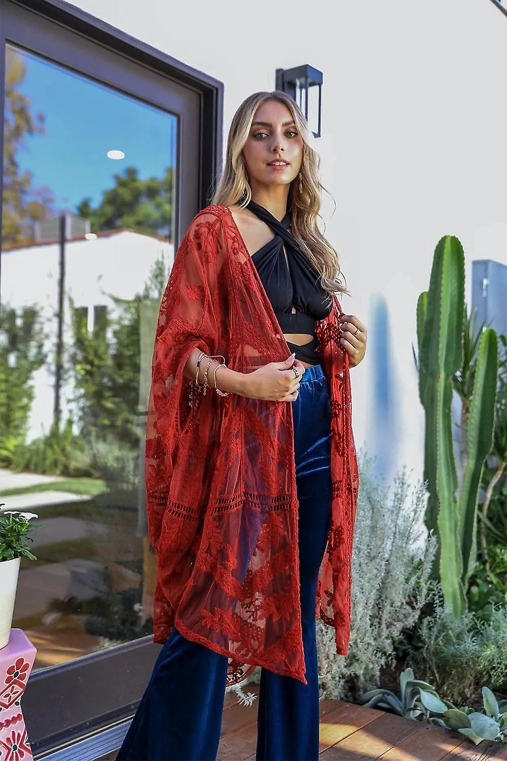 Embroidered mesh leaf kimono7310
