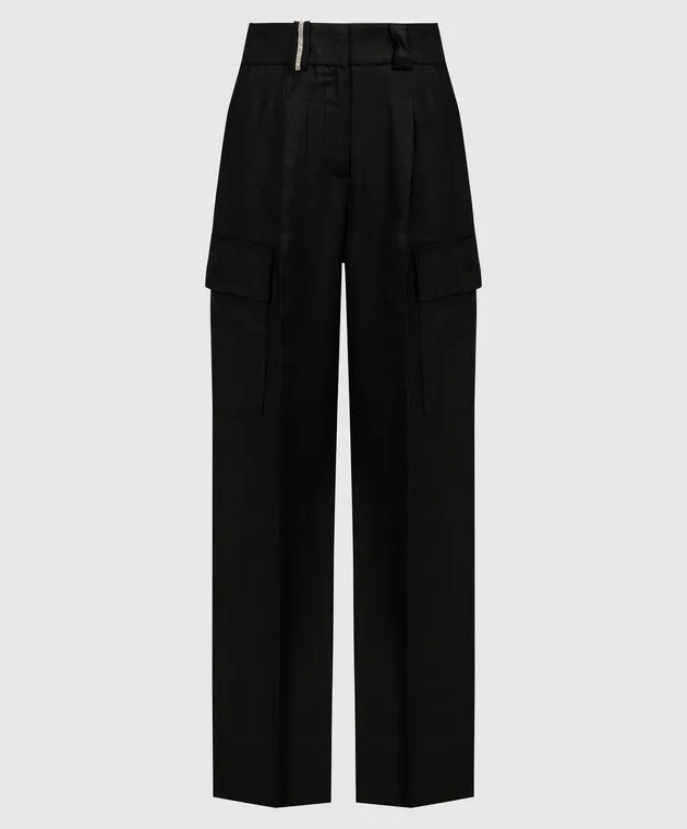 Peserico Black linen cargo pants with monil chain