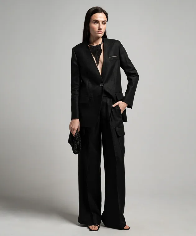 Peserico Black linen cargo pants with monil chain