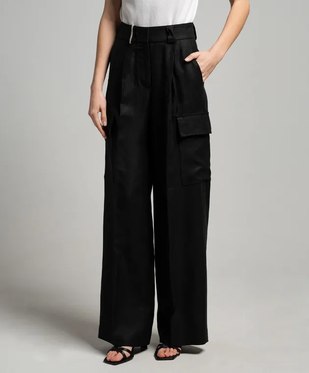 Peserico Black linen cargo pants with monil chain