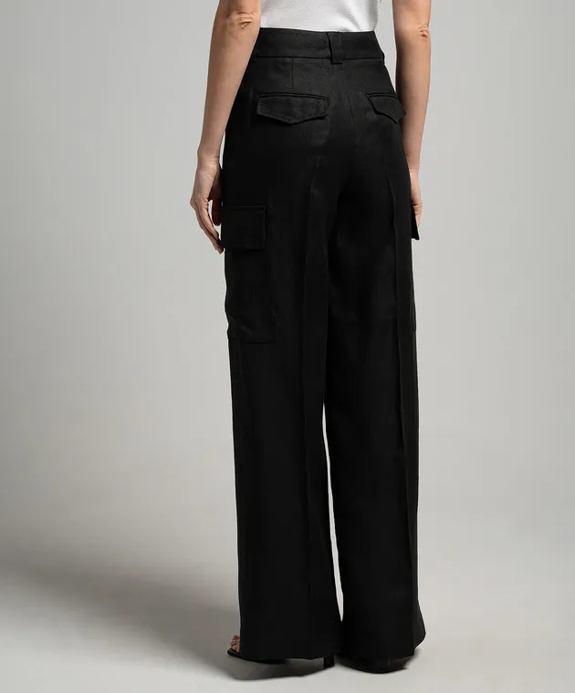 Peserico Black linen cargo pants with monil chain