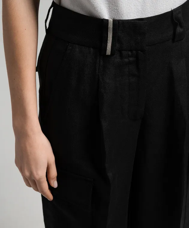 Peserico Black linen cargo pants with monil chain