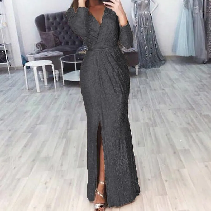 WOMEN'S LONG FORMAL DRESS SEQUIN BODYCON WOMEN SOLID COLOR LONG SLEEVE VNECK DRESS WEDDING GUEST DRESSES FOR WOMEN